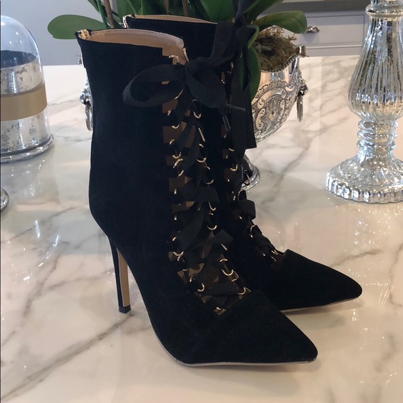 Sexy pointed toe velvet lace up boots - Picture 4 of 7